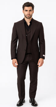 Tiglio Rosso Men’s Choclate Brown 3 Piece Suit –Double Breasted Vest with Classic Fit 100% Wool Super 150's Fabric - Pleated Pants