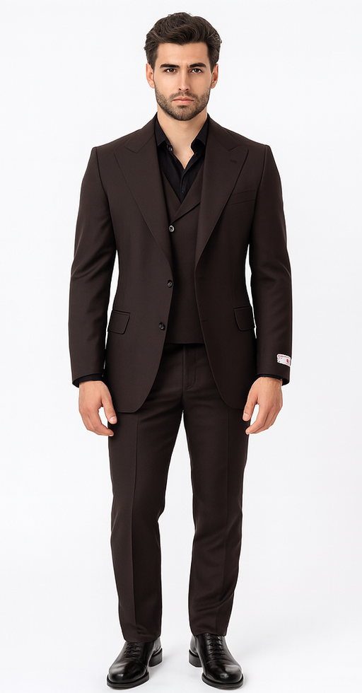 Tiglio Rosso Men’s Choclate Brown 3 Piece Suit –Double Breasted Vest with Classic Fit 100% Wool Super 150's Fabric - Pleated Pants
