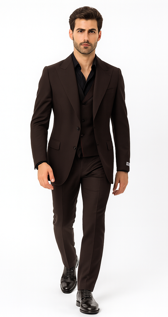 Tiglio Rosso Men’s Choclate Brown 3 Piece Suit –Double Breasted Vest with Classic Fit 100% Wool Super 150's Fabric - Pleated Pants