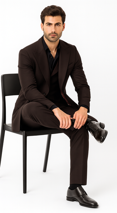 Tiglio Rosso Men’s Choclate Brown 3 Piece Suit –Double Breasted Vest with Classic Fit 100% Wool Super 150's Fabric - Pleated Pants