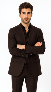 Tiglio Rosso Men’s Choclate Brown 3 Piece Suit –Double Breasted Vest with Classic Fit 100% Wool Super 150's Fabric - Pleated Pants