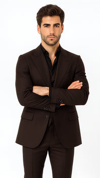 Tiglio Rosso Men’s Choclate Brown 3 Piece Suit –Double Breasted Vest with Classic Fit 100% Wool Super 150's Fabric - Pleated Pants