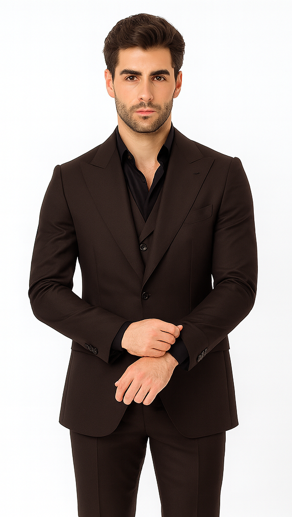 Tiglio Rosso Men’s Choclate Brown 3 Piece Suit –Double Breasted Vest with Classic Fit 100% Wool Super 150's Fabric - Pleated Pants