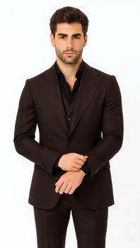 Tiglio Rosso Men’s Choclate Brown 3 Piece Suit –Double Breasted Vest with Classic Fit 100% Wool Super 150's Fabric - Pleated Pants