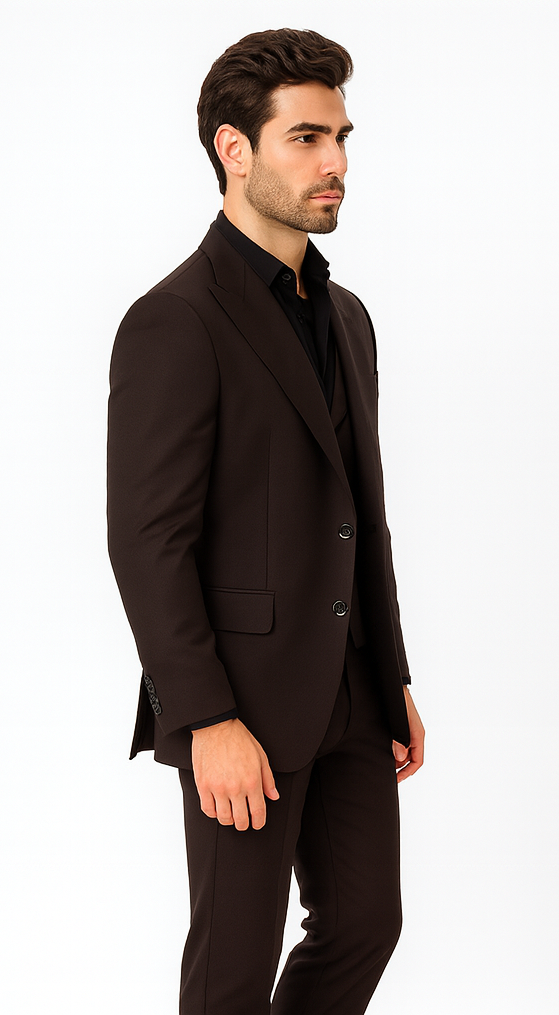 Tiglio Rosso Men’s Choclate Brown 3 Piece Suit –Double Breasted Vest with Classic Fit 100% Wool Super 150's Fabric - Pleated Pants