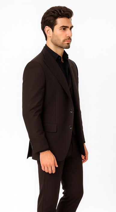 Tiglio Rosso Men’s Choclate Brown 3 Piece Suit –Double Breasted Vest with Classic Fit 100% Wool Super 150's Fabric - Pleated Pants