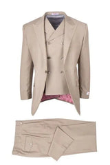 Tiglio Rosso Mens 3 Piece 100% Italian Wool Tan Suit – Classic Fit, Peak Lapel, Wide Leg Pants