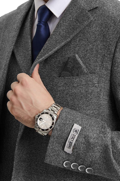 Men's Stacy Adams Vested Vintage Herringbone Tweed Suit in Grey - Image 5