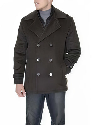 Men's Dress Coat Double Breasted Six Button Herringbone Brown Peacoat