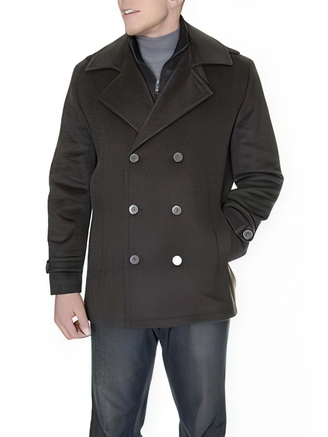 Men's Dress Coat Double Breasted Six Button Herringbone Brown Peacoat