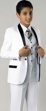Boy's 1 Button Closure Shawl Lapel Fashion Two Tone Design White/Black 3 Piece Suit