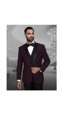 Men'S Burgundy ~ Wine ~ Maroon Color Shawl Collar Dinner Jacket Black Lapel 1 Button Blazer Sport Coat