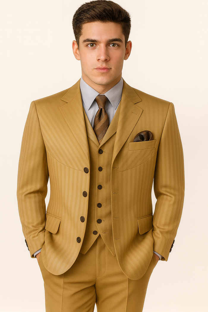 Mens 4 Buttons Semi Wide Leg Shiny Tonal Stripe Fashion Suits in Gold - Image 3