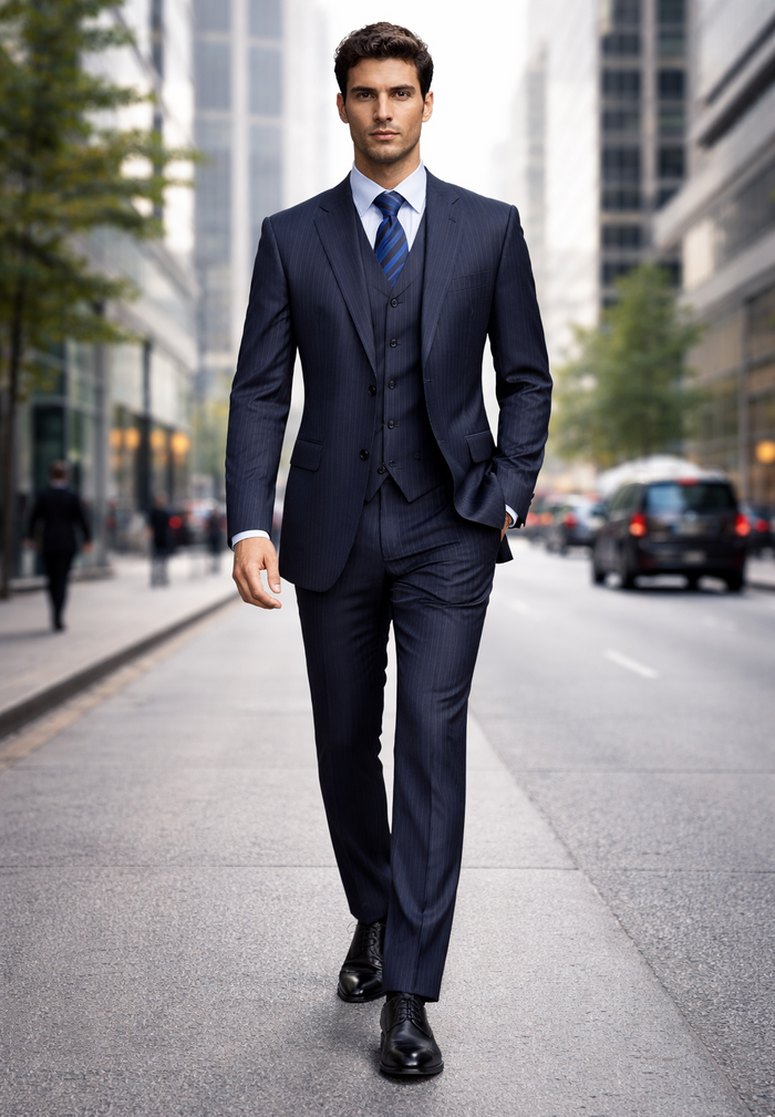 Tone on Tone Shadow Stripe Athletic Cut Classic Suits Men's suit  Classic Relax Fit Pleated Pants 19 Inch Bottom Dark Navy