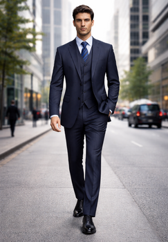 Tone on Tone Shadow Stripe Athletic Cut Classic Suits Men's suit  Classic Relax Fit Pleated Pants 19 Inch Bottom Dark Navy