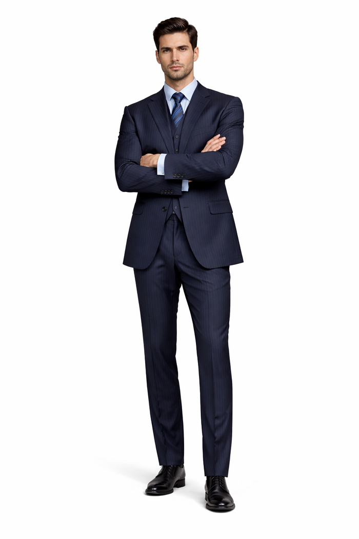 Tone on Tone Shadow Stripe Athletic Cut Classic Suits Men's suit  Classic Relax Fit Pleated Pants 19 Inch Bottom Dark Navy