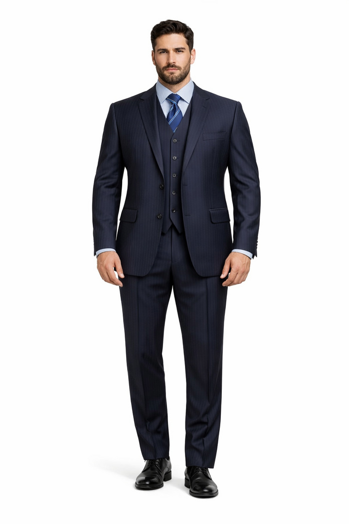 Tone on Tone Shadow Stripe Athletic Cut Classic Suits Men's suit  Classic Relax Fit Pleated Pants 19 Inch Bottom Dark Navy