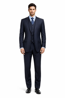 Tone on Tone Shadow Stripe Athletic Cut Classic Suits Men's suit  Classic Relax Fit Pleated Pants 19 Inch Bottom Dark Navy