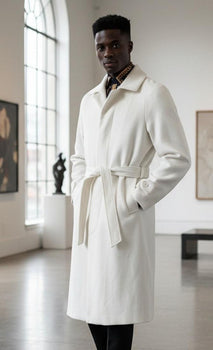 Topcoat - Falcone Mens Winter White Belted Top Coat Wool Full Length