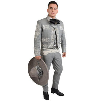 Men’s Gray Luxury Charro Suit with Metallic Embroidery