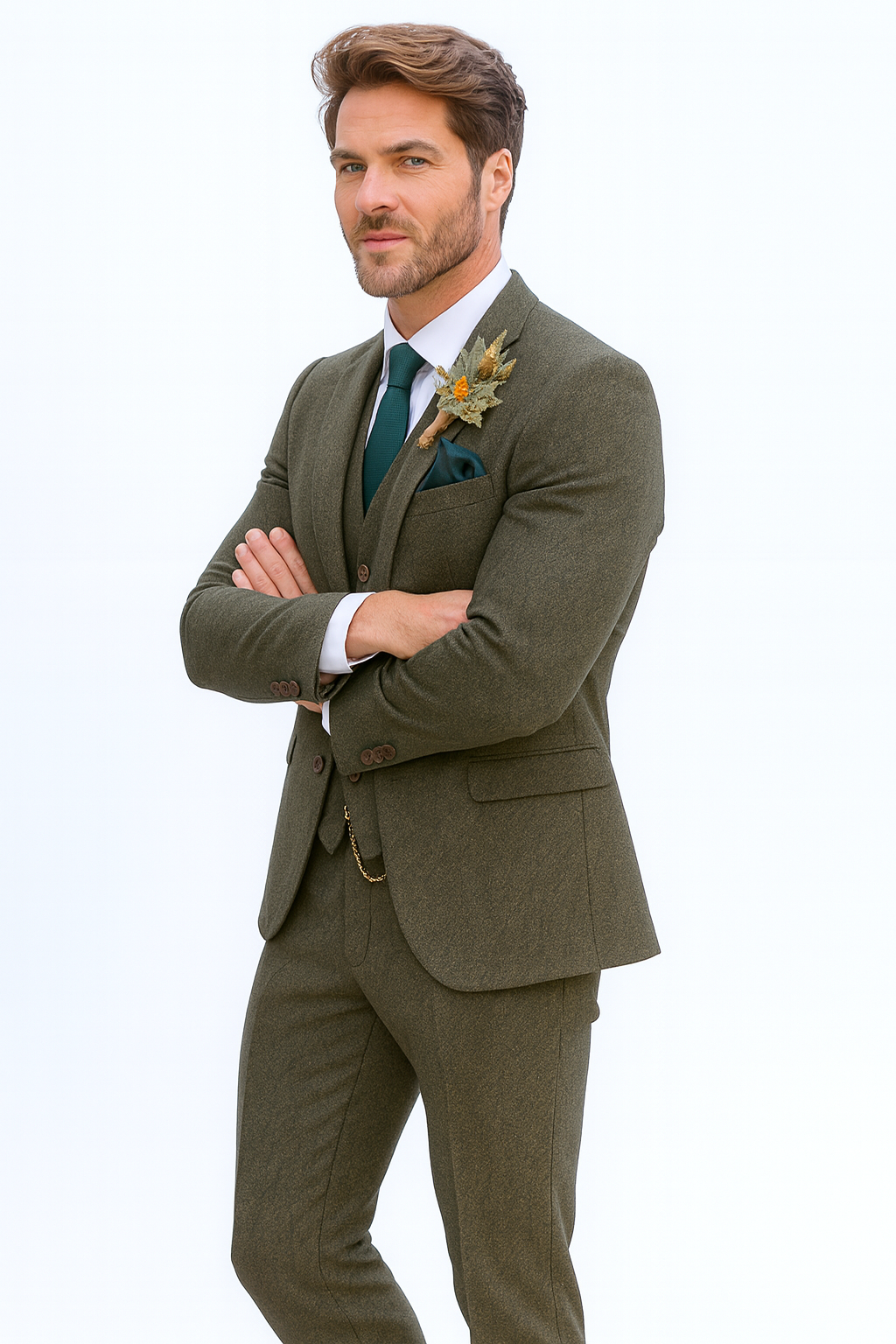 SKU#JA60784 Groomsmen Tweed Suit - Green Herringbone Western Suit - Traje Para Hombre