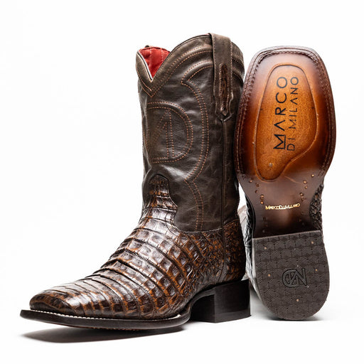 Marco Di Milano Tuscon Aged Brown Caiman Crocodile Square Toe Cowboy Boots