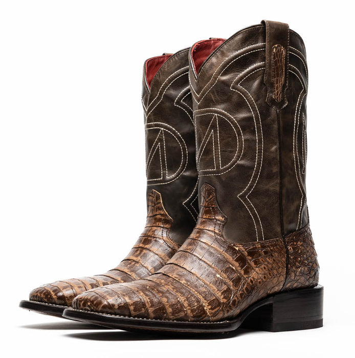 Marco Di Milano Tuscon Stone Brown Caiman Crocodile Square Toe Cowboy Boots