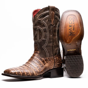 Marco Di Milano Tuscon Stone Brown Caiman Crocodile Square Toe Cowboy Boots
