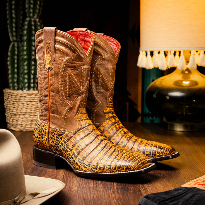 Marco Di Milano Tuscon Mustard Brown Caiman Square Toe Cowboy Boots