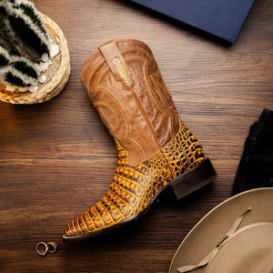 Marco Di Milano Tuscon Mustard Brown Caiman Square Toe Cowboy Boots