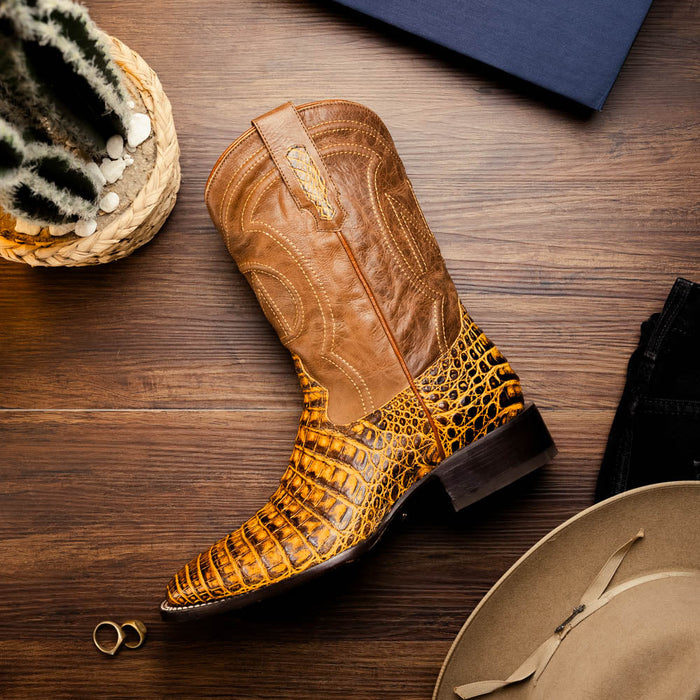 Marco Di Milano Tuscon Mustard Brown Caiman Square Toe Cowboy Boots