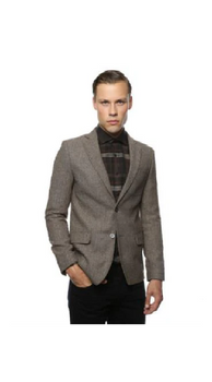 Men'S Skinny Cut Tweed Windowpane Pattern Brown And Grey Herringbone Tweed Blazer