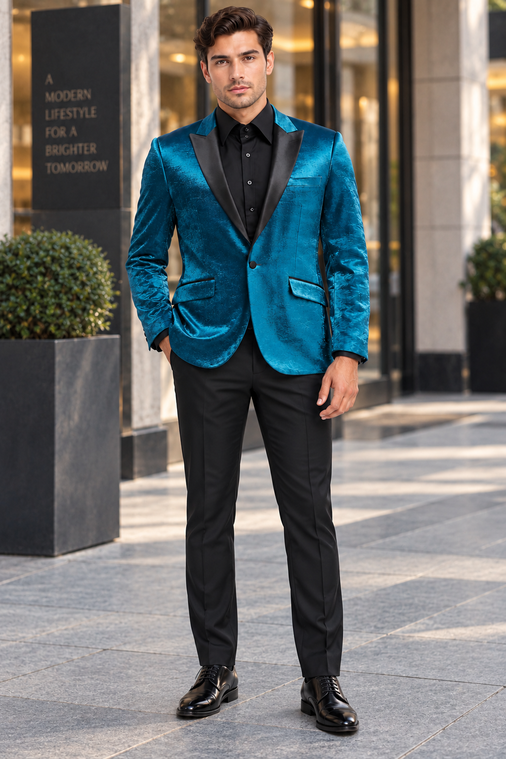 Turquoise Tuxedo Jacket Shiny Slim Fit With Peak Lapel - Blazer