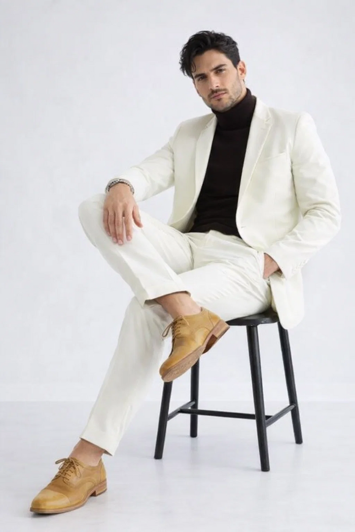 Turtleneck Suit + Free Turtleneck Sweater Package - Ivory Mens Suit