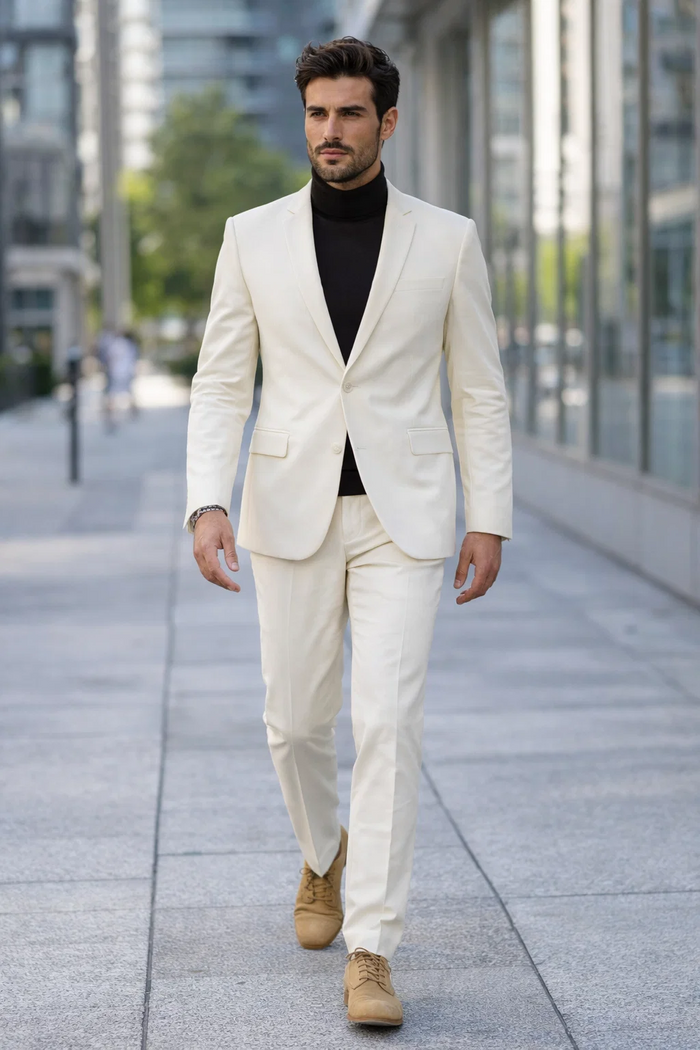 Turtleneck Suit + Free Turtleneck Sweater Package - Ivory Mens Suit
