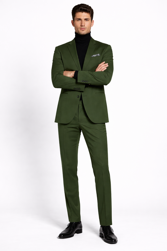 Turtleneck Suit + Free Turtleneck Sweater Package Olive Mens Suit