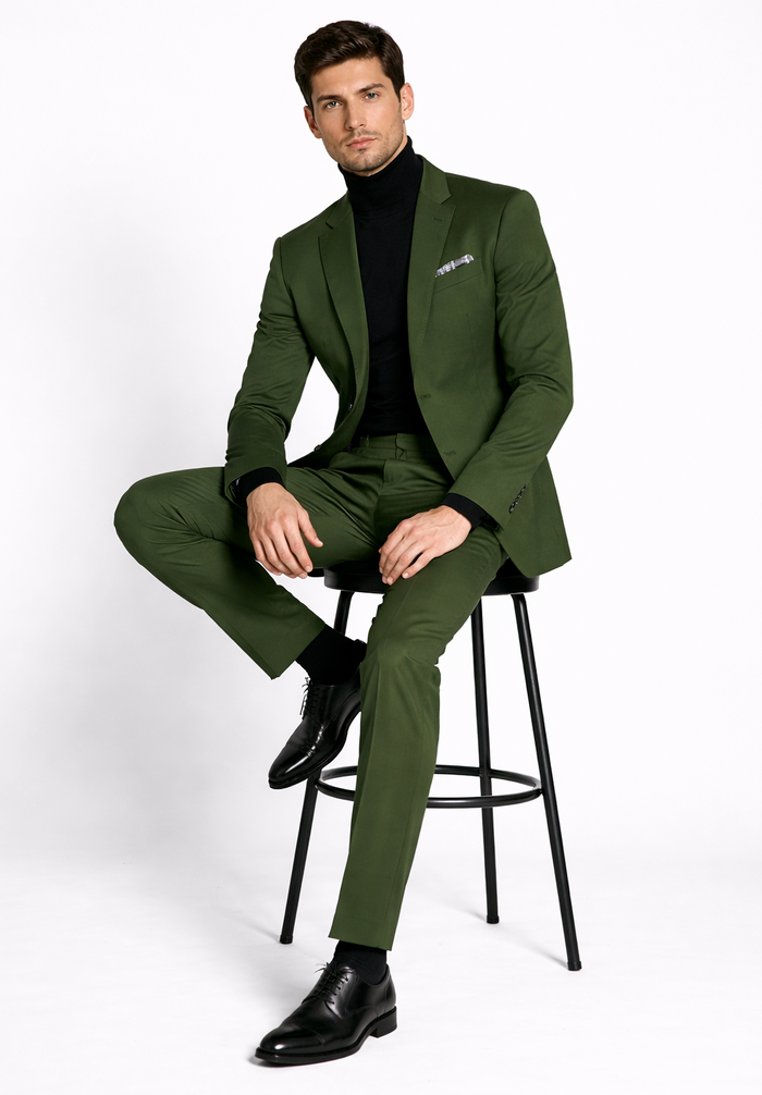 Turtleneck Suit + Free Turtleneck Sweater Package Olive Mens Suit