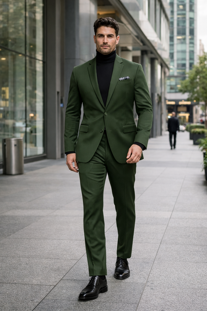 Turtleneck Suit + Free Turtleneck Sweater Package Olive Mens Suit