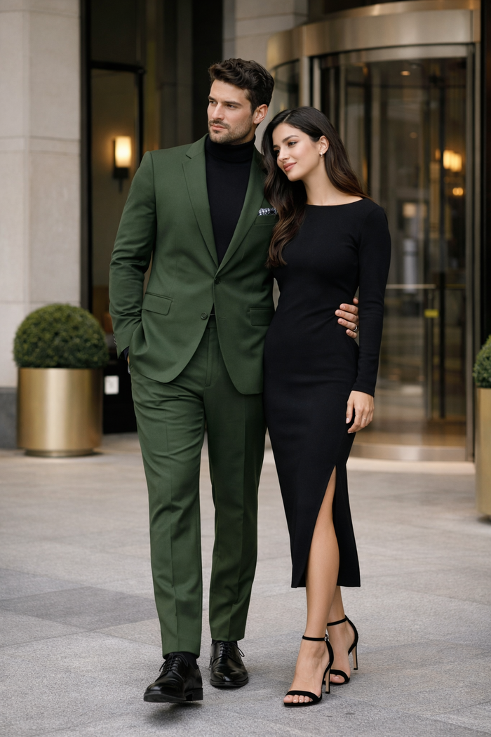 Turtleneck Suit + Free Turtleneck Sweater Package Olive Mens Suit
