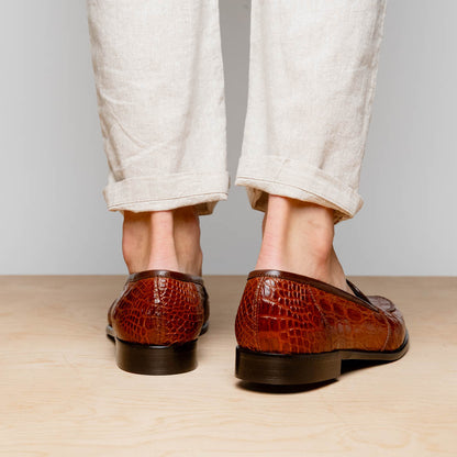 Zelli Tuscany Genuine Caiman Crocodile Penny Loafer in Cognac