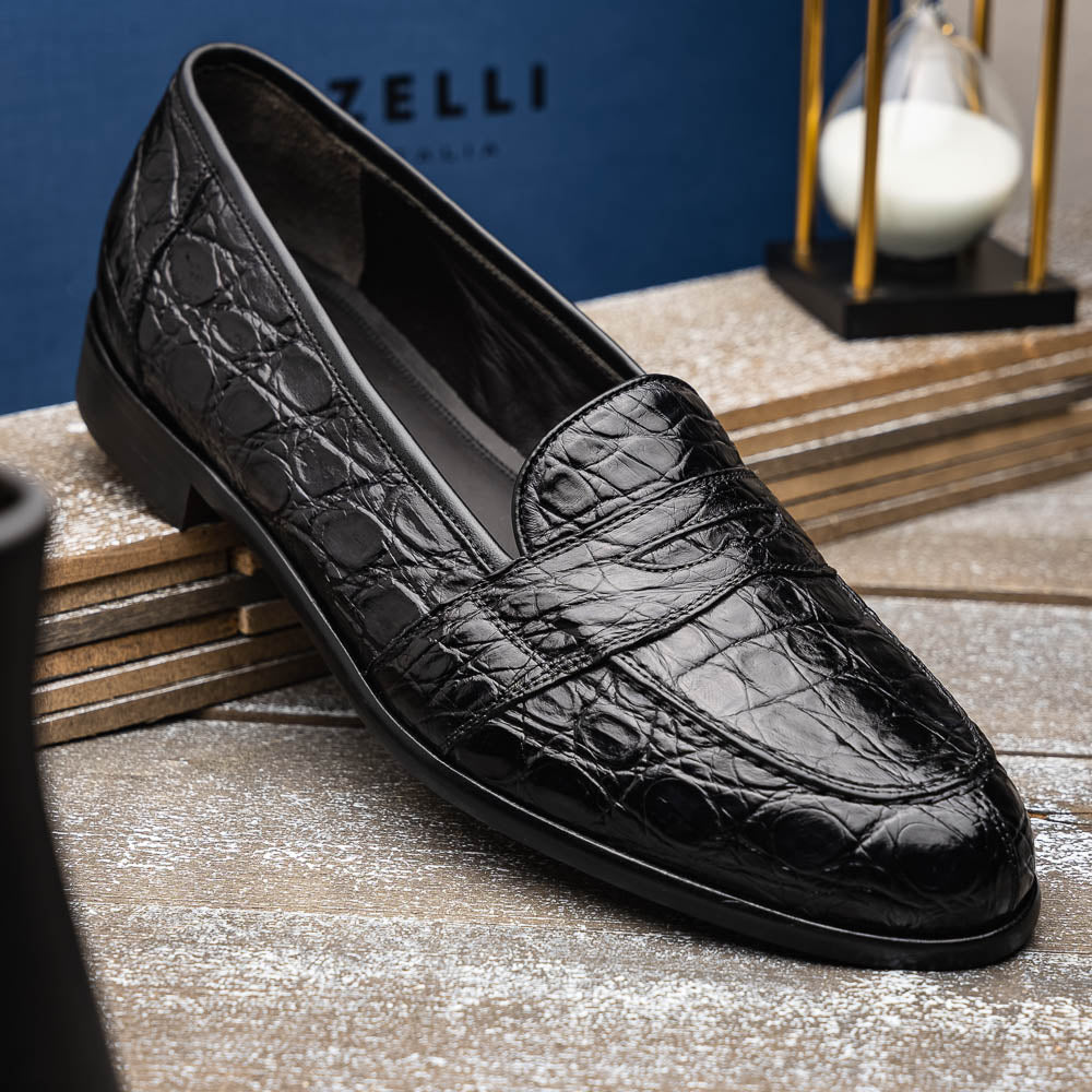 Zelli Tuscany Genuine Caiman Crocodile Penny Loafer in Black