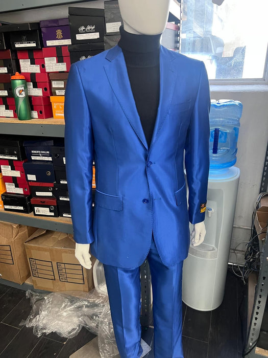 Men's Royal Blue Shiny Satin Suit – 2-Piece Slim Fit Tuxedo with Peak Lapel