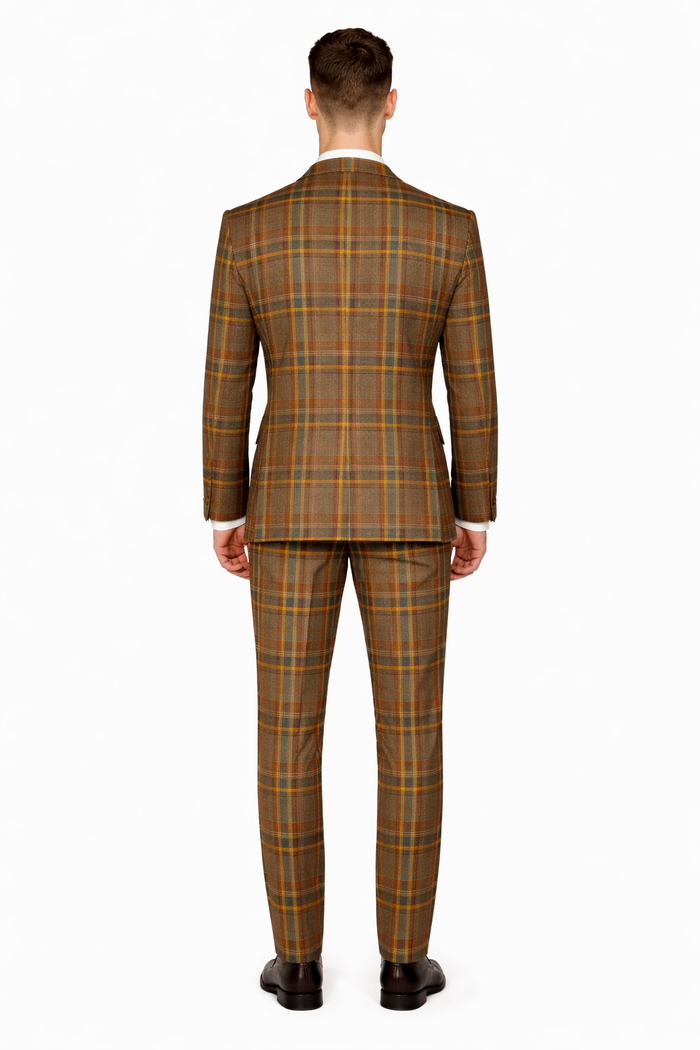Mens Two Button Peak Lapel Suit Brown ~ Yellow