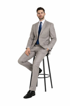 Tan ~ Beige Pinstripe 2 Button Suit Side Vented Suit Regular Modern Fit Suits Flat Front Pants