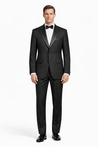 2 Button Solid Black Tuxedo With Black Trim No Pleated Pants Wool Suit