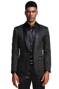 Mens Black Blazer - Men's Slim Fit Wedding & Prom Tonal Paisley Tuxedo Jacket in Black