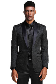 Mens Black Blazer - Men's Slim Fit Wedding & Prom Tonal Paisley Tuxedo Jacket in Black
