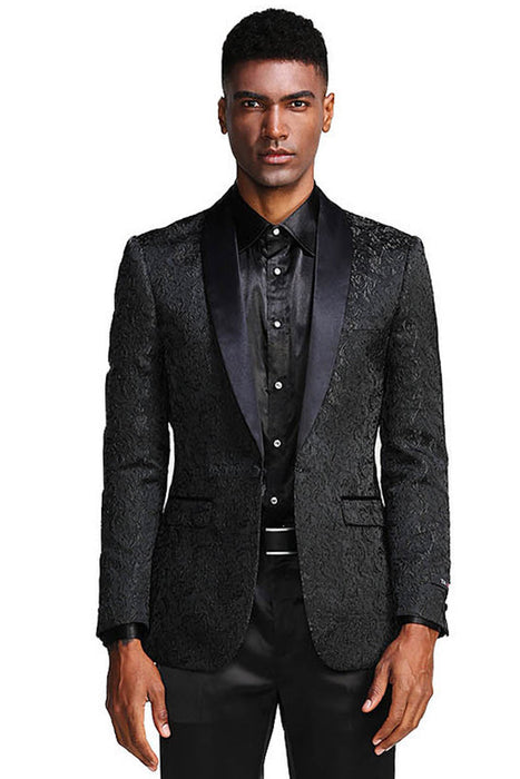 Mens Black Blazer - Men's Slim Fit Wedding & Prom Tonal Paisley Tuxedo Jacket in Black