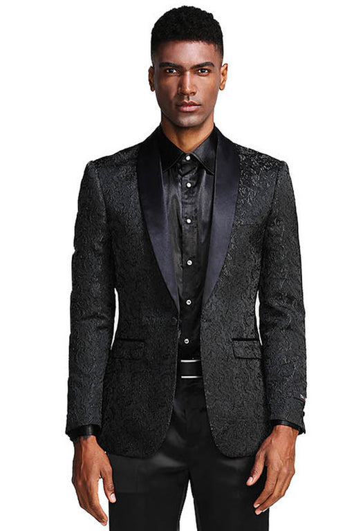Mens Black Blazer - Men's Slim Fit Wedding & Prom Tonal Paisley Tuxedo Jacket in Black
