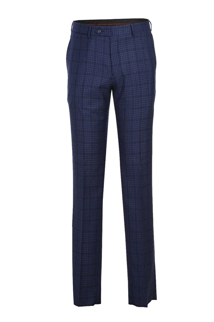 Mens Designer Two Button Slim Fit Peak Lapel Suit in Navy Blue Overcheck Plaid - Image 2